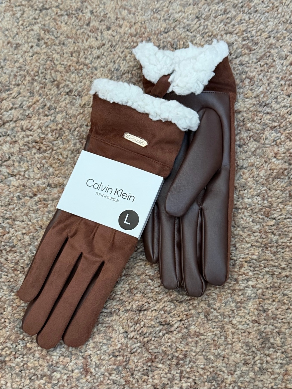 NWT - Calvin Klein - Woman's Brown Faux-Shearling Trim Touchscreen Gloves